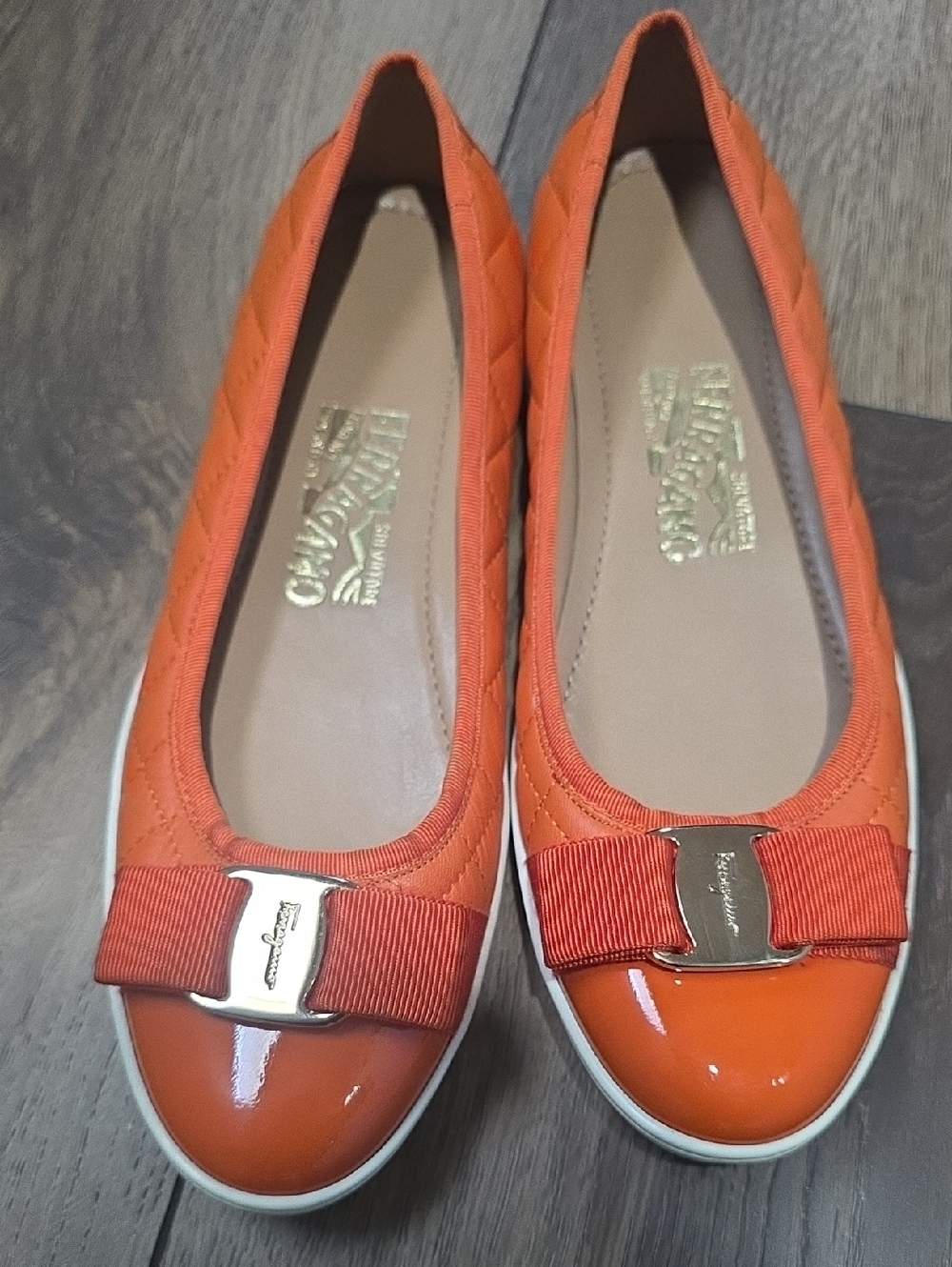 Salvatore Ferragamo Orange Quilted Vara Bow Patent Toe Ballet Flats
